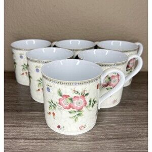 Wedgwood Fleur Set of 6 Fine China Coffee Mugs Vintage 1997 Floral EUC